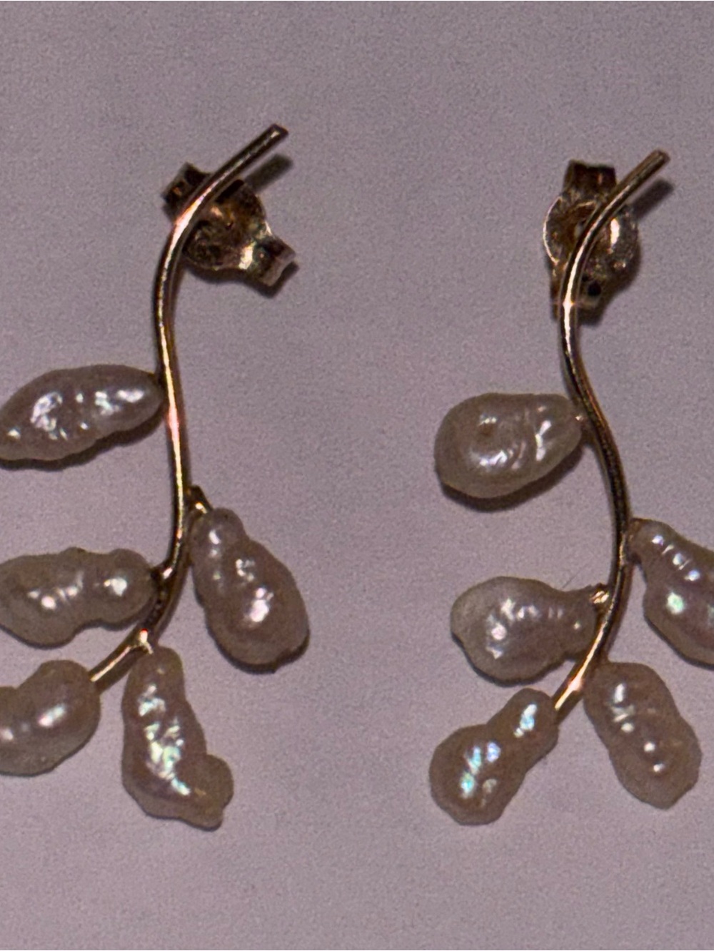 14K Solid Gold Freshwater Pearl Branch Crawler Earrings Vintage, 1990’s